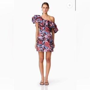 elliatt delphine red & pink floral jacquard one shoulder mini dress small  NEW